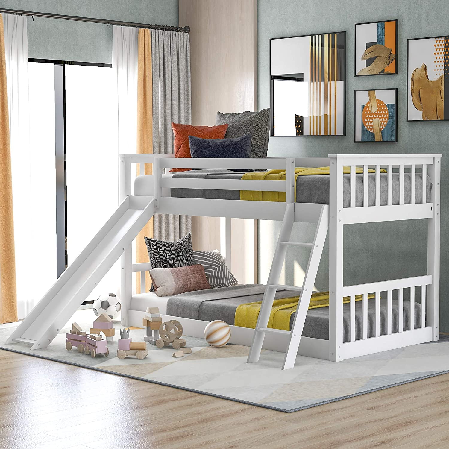 Churanty Twin over Twin Low Bunk Bed with Slide/Ladder, Solid Wood Bunk