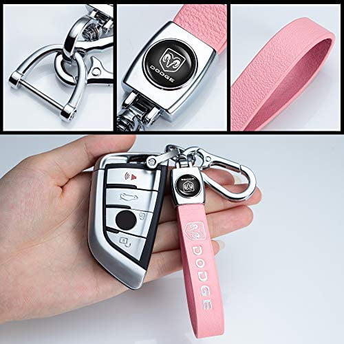 Pink-1pcs Genuine Leather Key Chain Suitable for Dodge Challenger Dakota Charger Ram 1501 Durango Caravan Key chain Present for Man and Woman,Genuine Leather Car Logo Keychain Keyring Accessories 