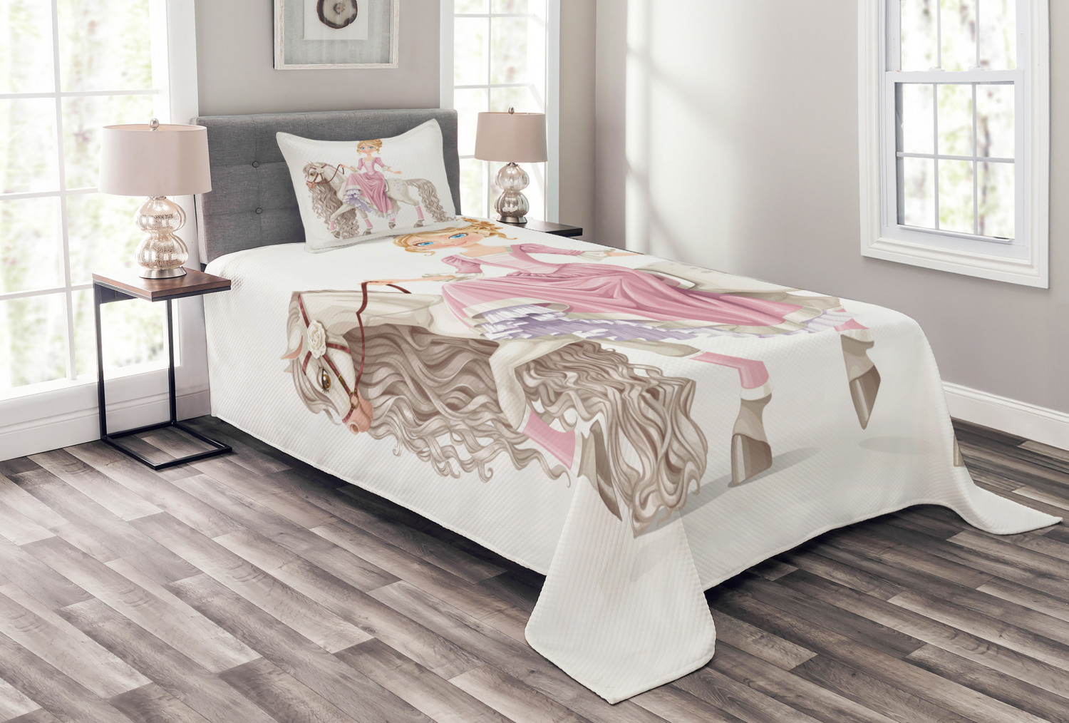 Teen Girls Bedspread Set, Pretty Smiling Princess on A White Horse with