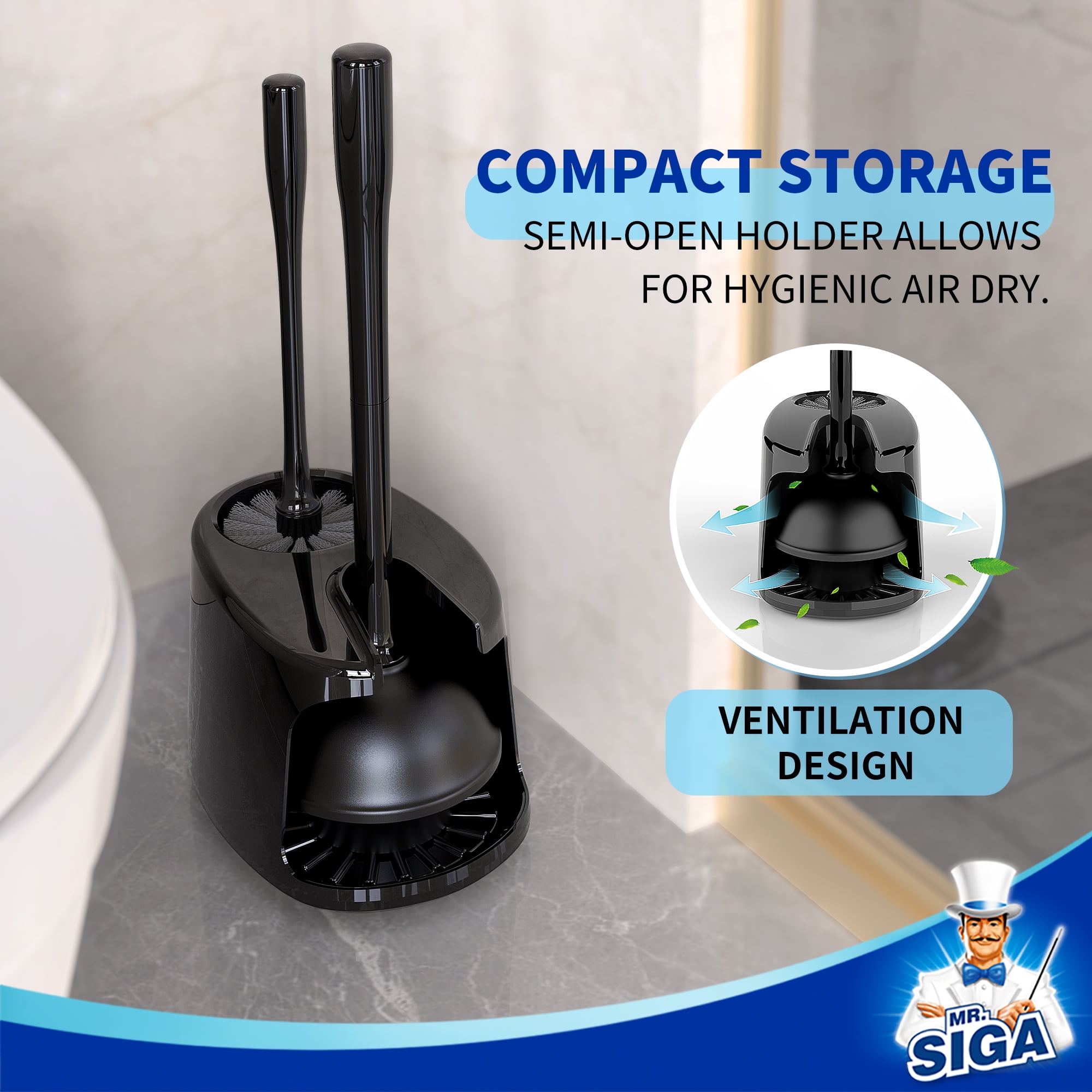MR.SIGA Toilet Plunger and Bowl Brush Set with Holder,  Bathroom Cleaning , Black, 1 Set,for Adults