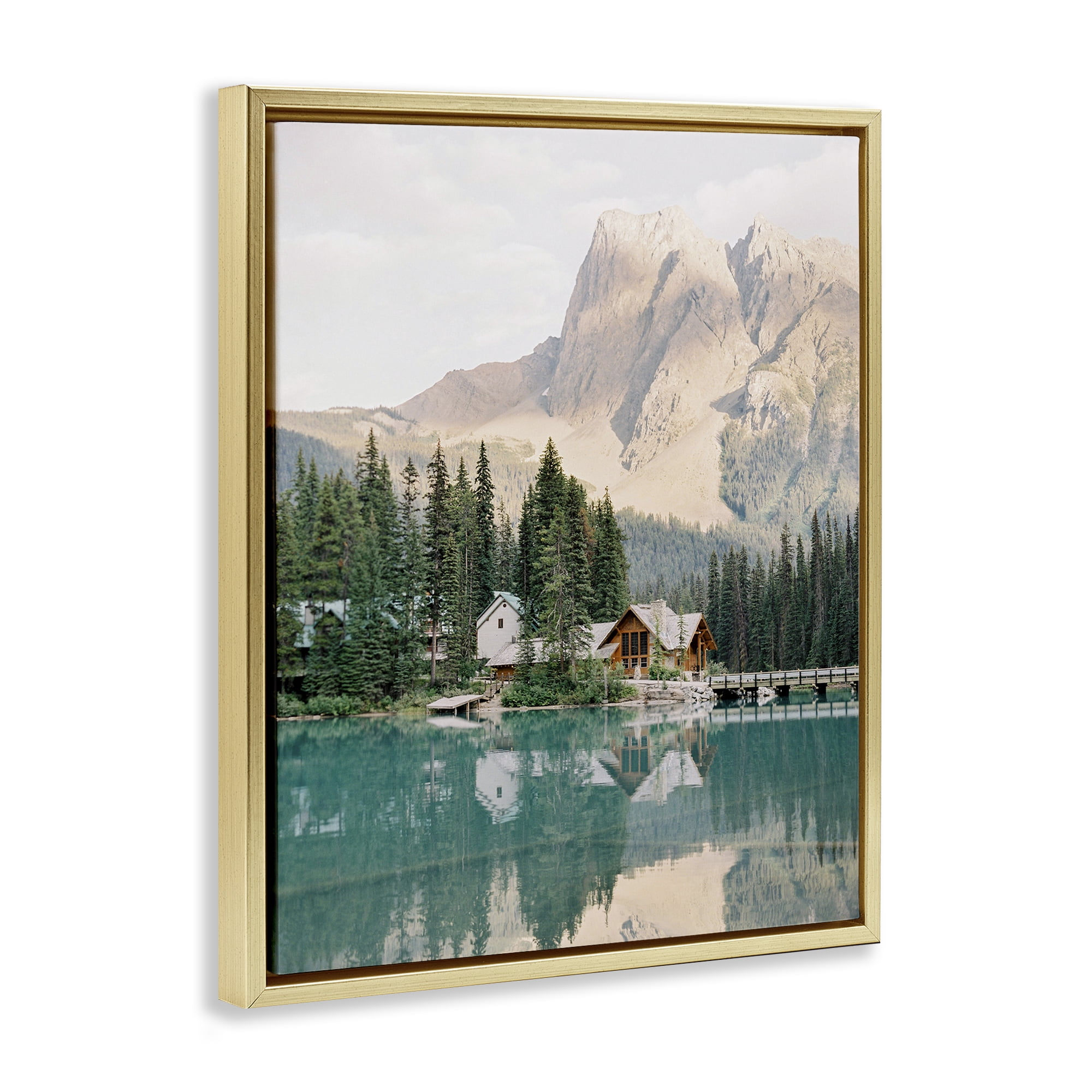 Stupell Industries Lakeside Cabin Landscape Landscape Photography Gold Floater Framed Art Print Wall Art, 17 x 21