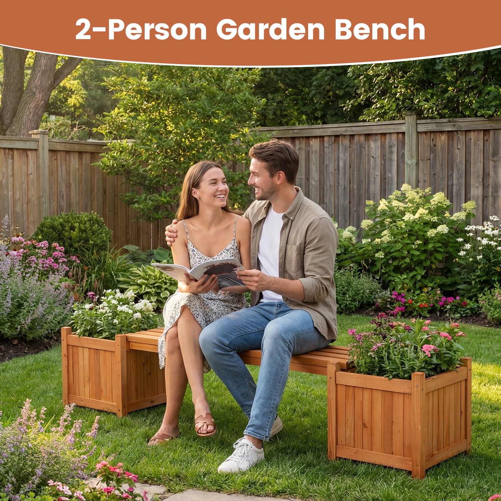 Gymax Wood Outdoor Planter Boxes w/ Detachable Bench 2 Elevated Mini Planters Patio