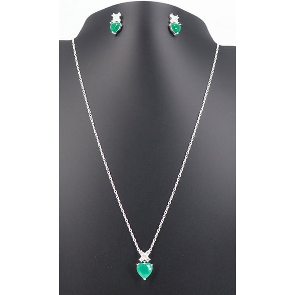 0.925 Sterling Silver Green CZ Emerald Heart Pendant Necklace & Earring Set Adjustable Chain  Made in Italy Hypoallergen