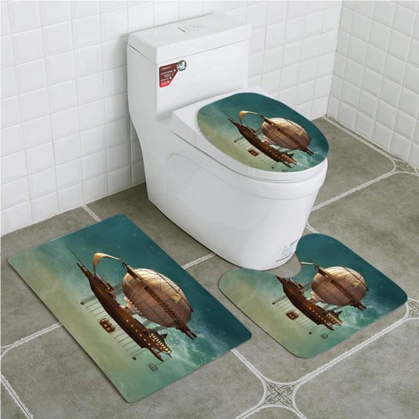 ABPHQTO Fantasía Surrealista Cielo Paisaje Steampunk Dirigible Hada Ciencia ficción Stardust Espacio Juego de alfombras de baño de 3 piezas Alfombra de baño Alfombra de contorno y tapa de inodoro