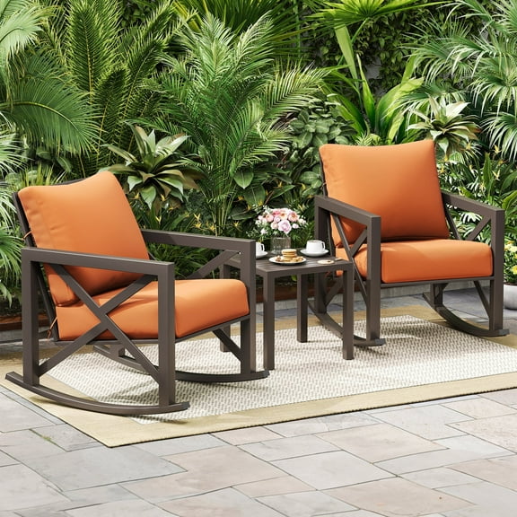 MRUAKA Rocking Chair Bistro Set,3 Piece Outdoor Patio Furniture Set with 2 Rockers and 1 Metal Coffee Table with Thick Cushions for Porch,Backyard,Poolside,Orange