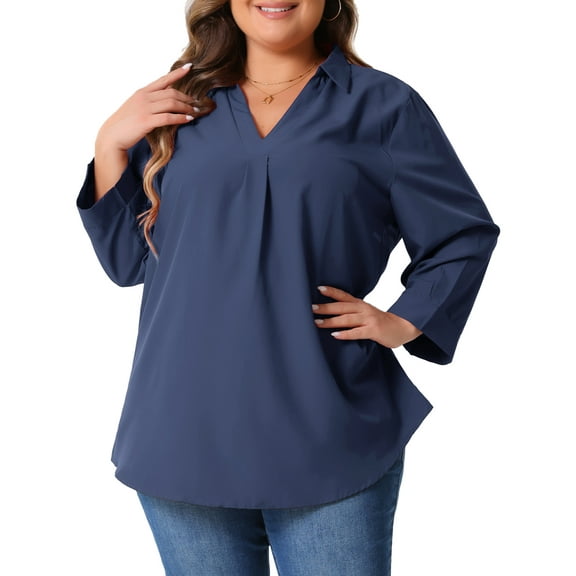 Agnes Orinda Plus Size Blouses for Women 3/4 Sleeve V Neck Work Shirts Casual Blouse 4X Dark Blue