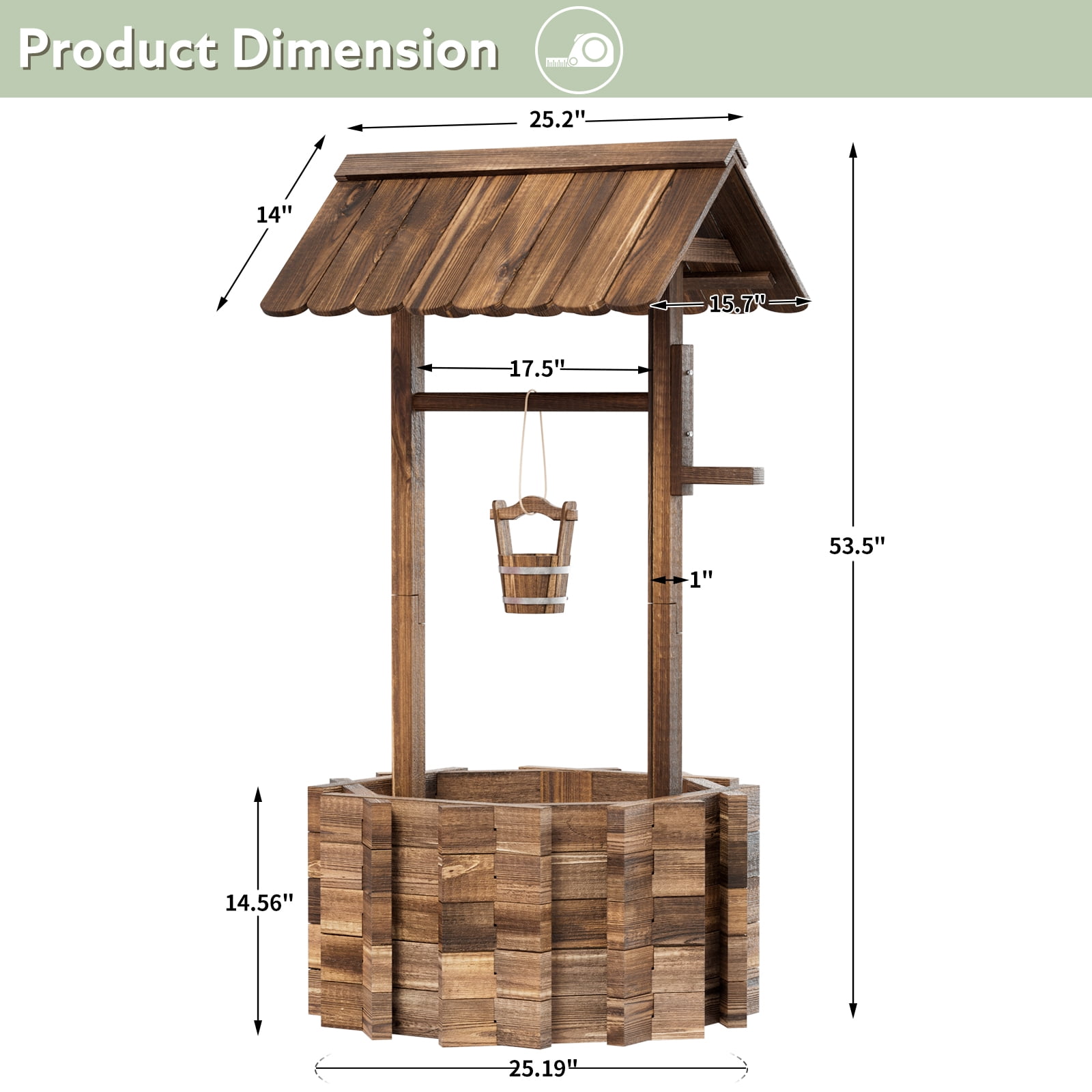 BaPiPro 25" Big Wishing Well Planter, Wooden Garden Flower Planter with Hanging Bucket, Patio Garden Backyard Home Decor, Rustic Brown