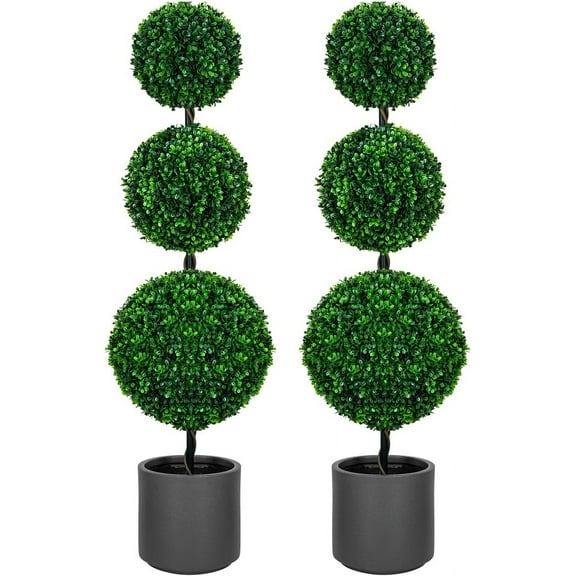 4FT artificial three-ball-shaped shrubbery tree, equipped with a grey planting pot, suitable for indoor and outdoor use