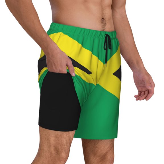 Mens Swim Trunks Jamaica National Country Flag Quick Dry Board Shorts with Compression Liner