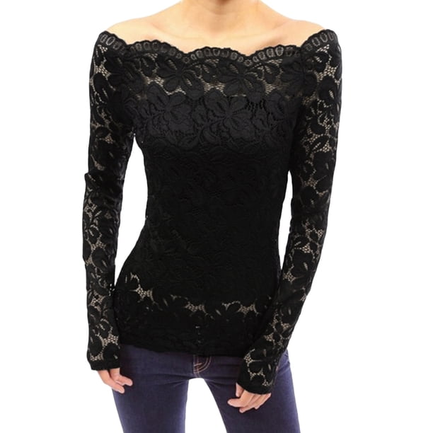 Las mujeres atractivas ahuecan hacia fuera la blusa del cordón del hombro Slash Neck Long Sleev CACAGOO Blusa