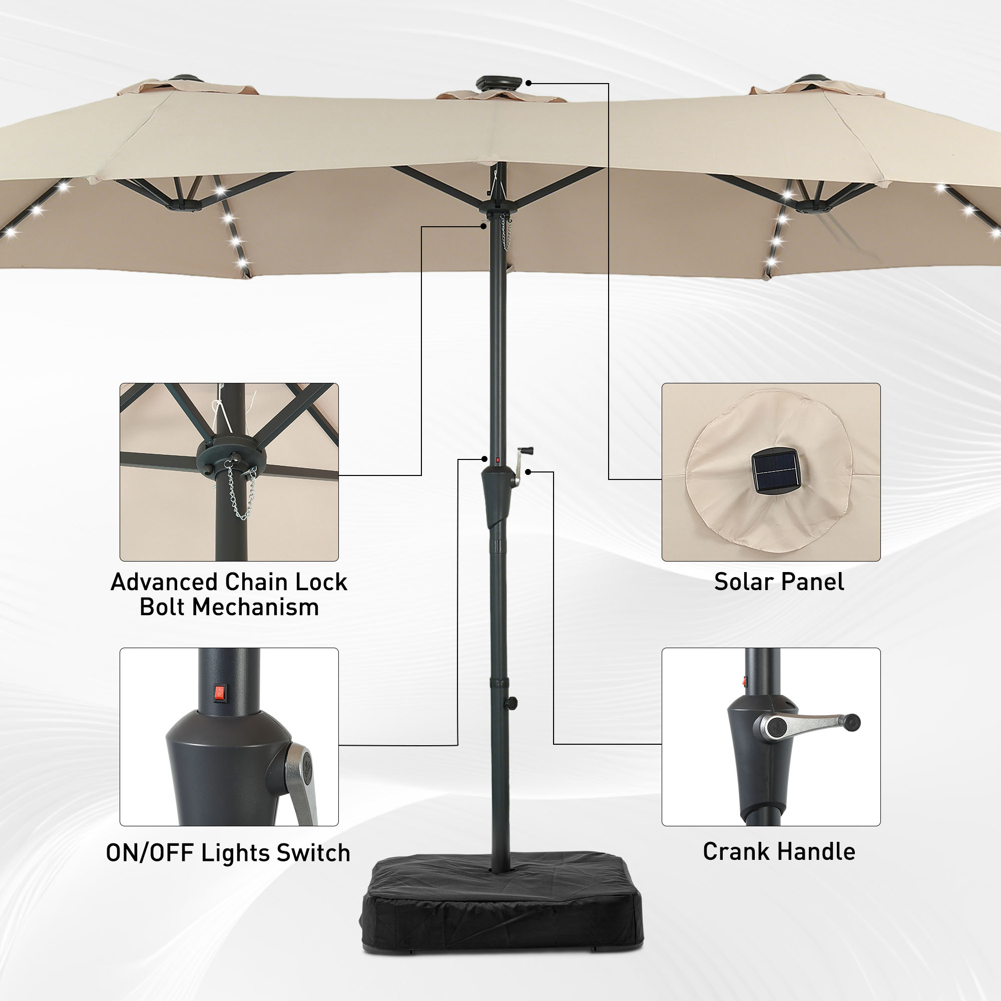 Autlaycil 15 ft Rectangle Patio Umbrella with Umbrella Base 48 LED lights for Market Patio Solar Umbrella (Khaki)