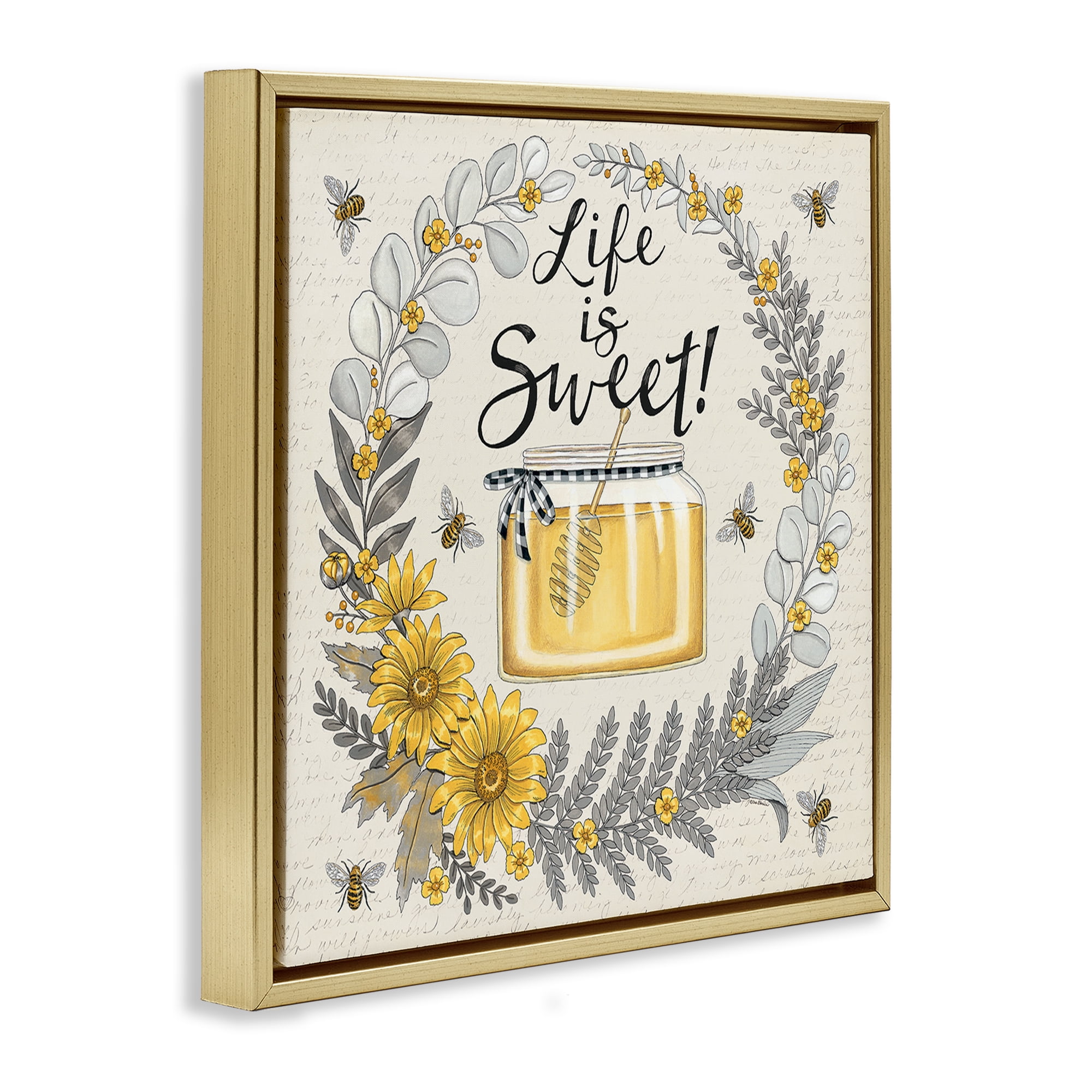 Stupell Industries Life Is Sweet Wreath Plants & Flowers Painting Gold Floater Framed Canvas Art Print Wall Art, 18 x 18