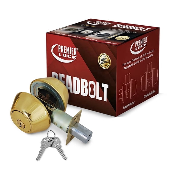 Premier Lock Double Cylinder Deadbolt, Brass, Keyed Alike, 2 KW1 Keys