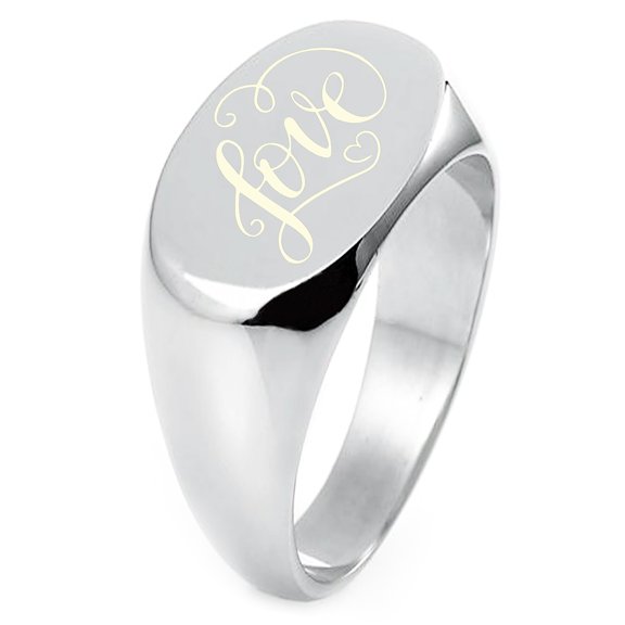 Sterling Silver Love Heart Calligraphy Swirl Engraved Oval Flat Top Polished Ring