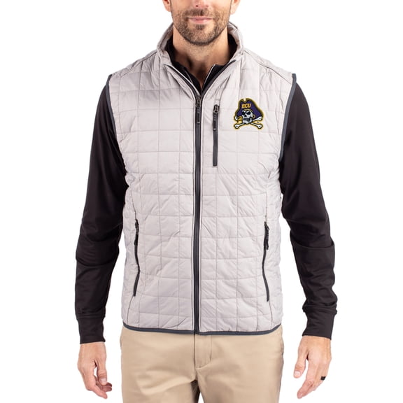 Men's-Cutter & Buck  Gray ECU Pirates Rainier Eco Insulated PrimaLoft Full-Zip Puffer Vest