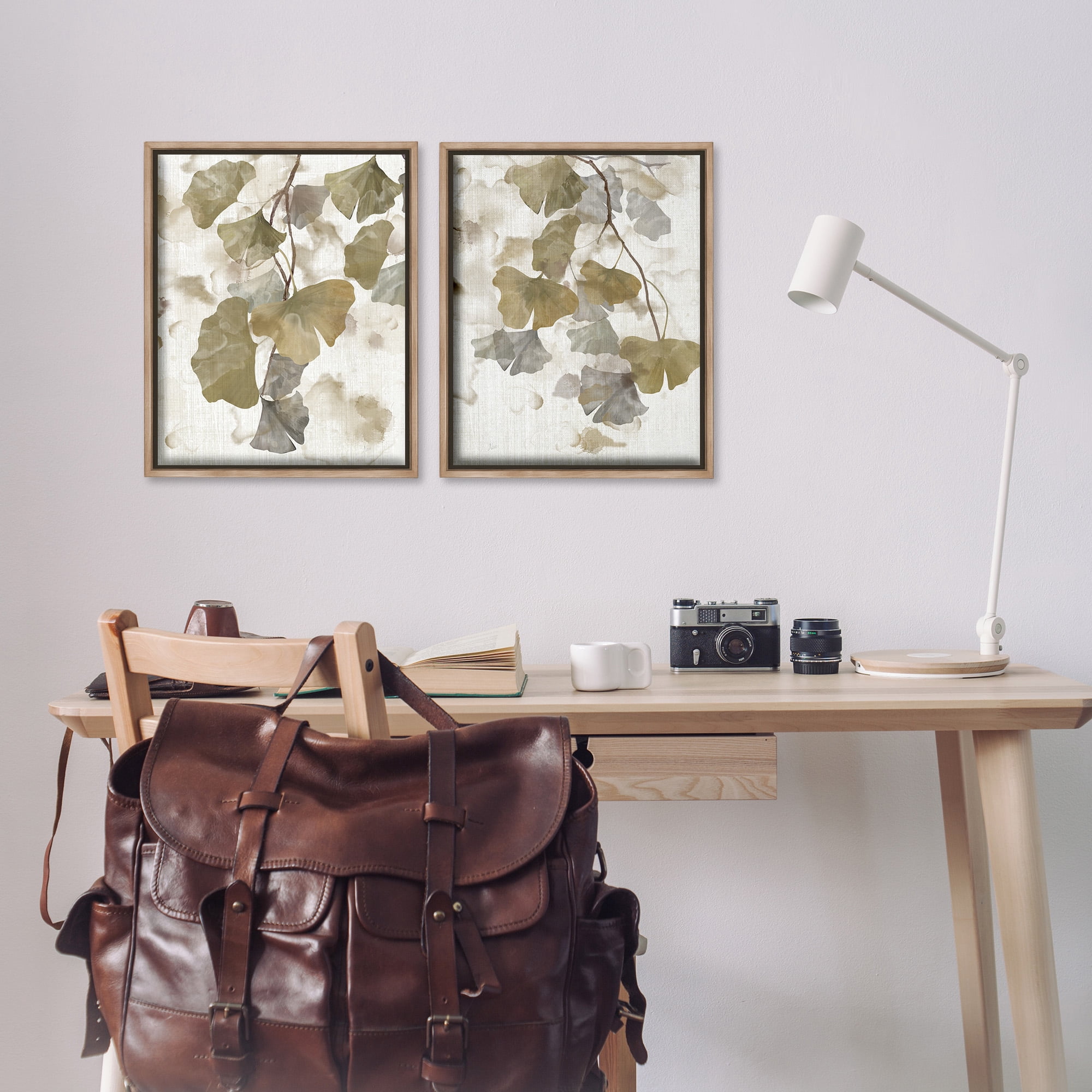 Stupell Industries Rustic Gingko Leaves Botanical & Floral Painting Brown Floater Framed Canvas Art Print Wall Art, 17 x 21, Set of 2