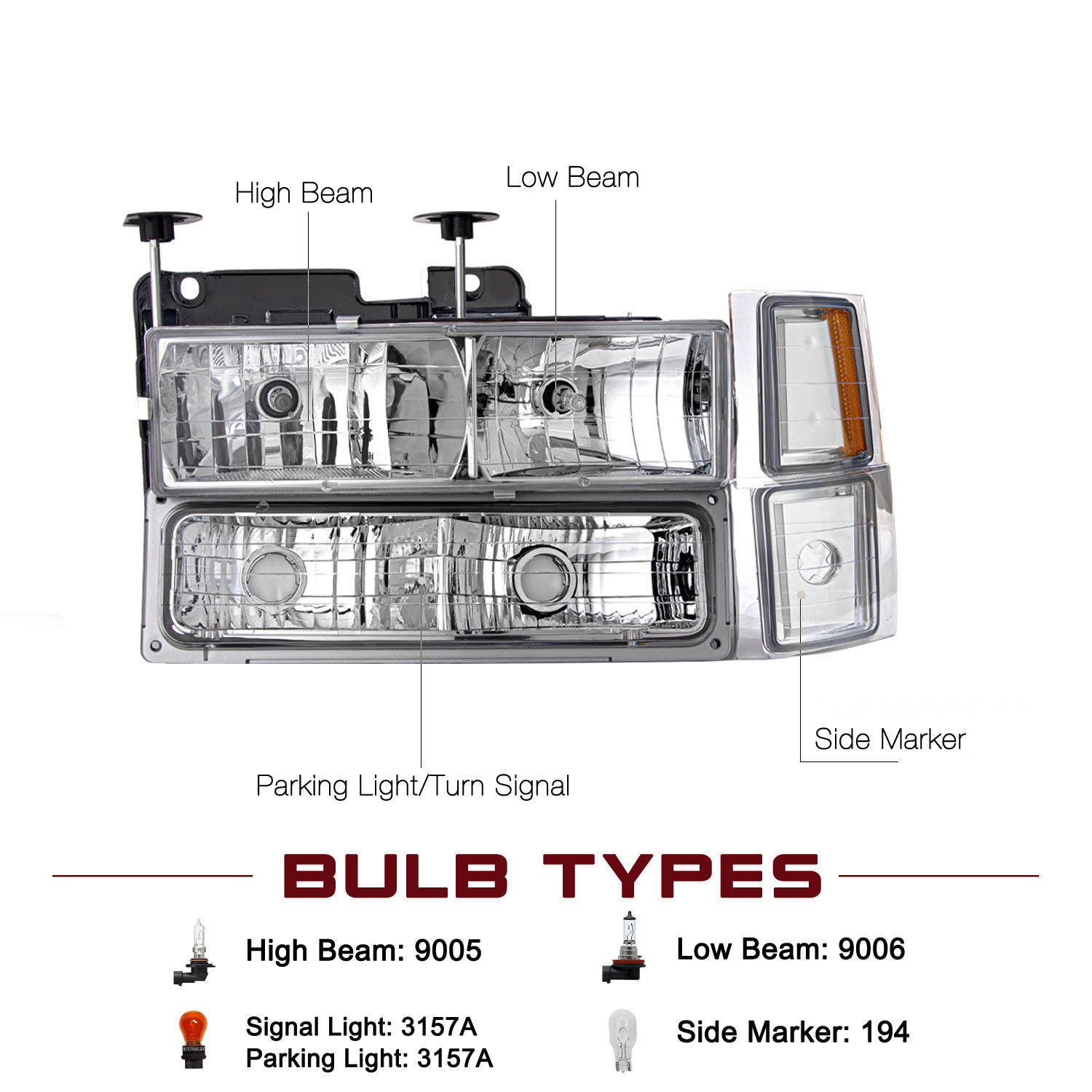 For 1994-1998 Chevy C/K Tahoe Chrome Amber Bumper Lamps Headlights 94-98 8pcs