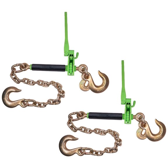 2 Pack Hi-Viz Green Folding Handle Ratchet Pro-Binder w/ 3/8"-5/16" Grab Hook, 1/2" Sling hook & 3/8" x 2' G80 Chain, 1/2" Sling Hook | 7,100 lbs WLL | Binder for Flatbed Trailer