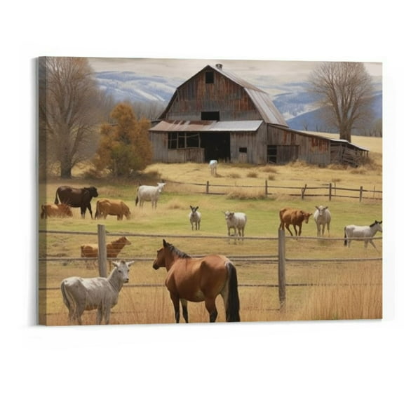 Shiartex Farm Animal Wall Art Country Rustic Old Barn Pictures Wall Decor Canvas Print Farmhouse Western Landscape Painting Home Artwork for Bathroom Living Room Bedroom Office Framed 20x16 Inch