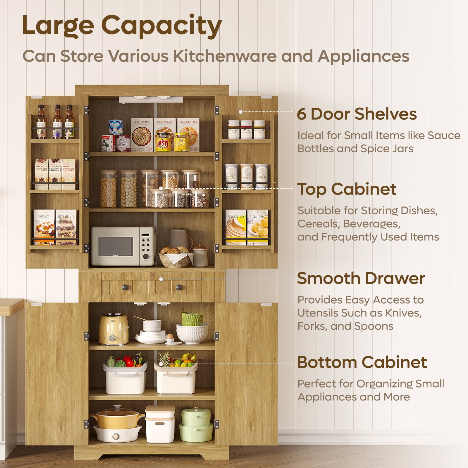 Bestier 72" Tall Kitchen Pantry Storage Cabinet with Doors and Shelves, Food Pantry Cabinet with Motion Sensor Light, Natural Oak