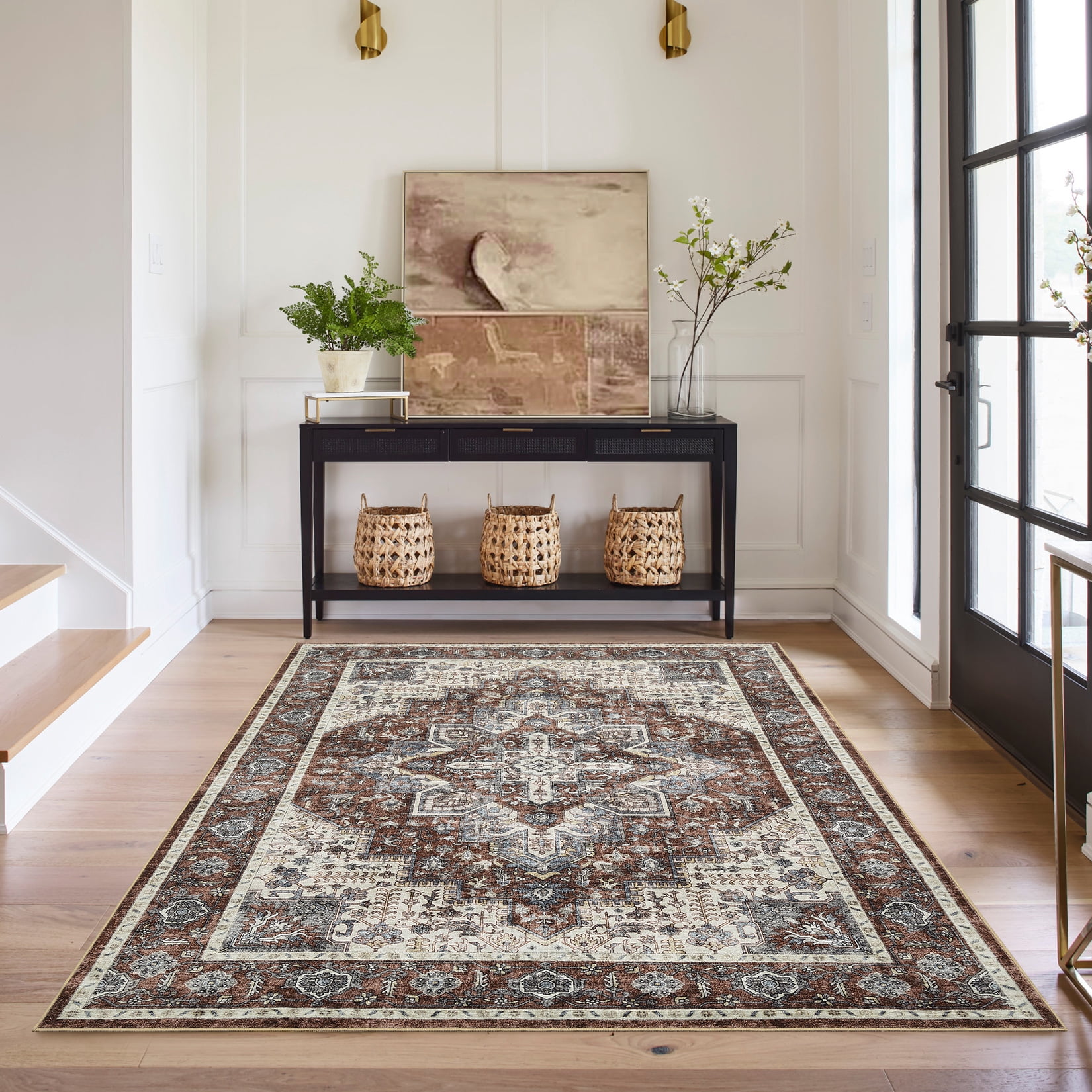 FairOnly 5'x7'Vintage Distressed Floral Machine Washable Area Rug for Bedroom Non Slip Low Pile Floor Cover for Dinning Room Kitchen Living Room,Red