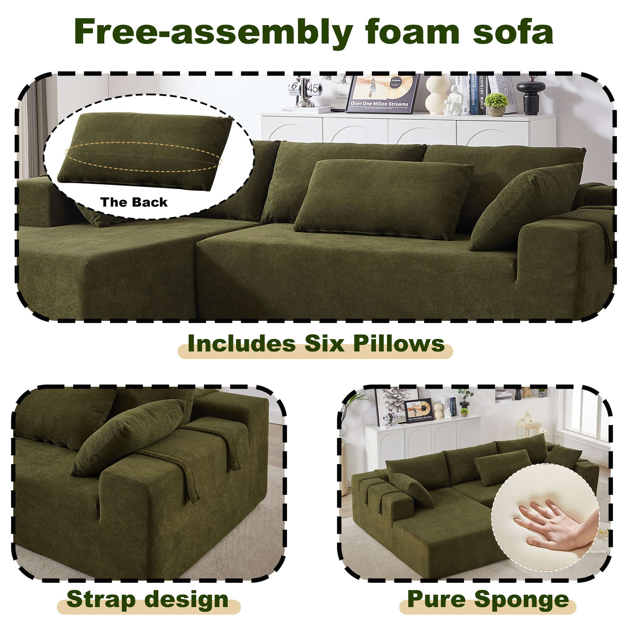 Aukfa 108" Modular Sectional Couch, Deep Seat Cloud Sofa with 6 Pillows, No Assembly, Right Chaise, Green