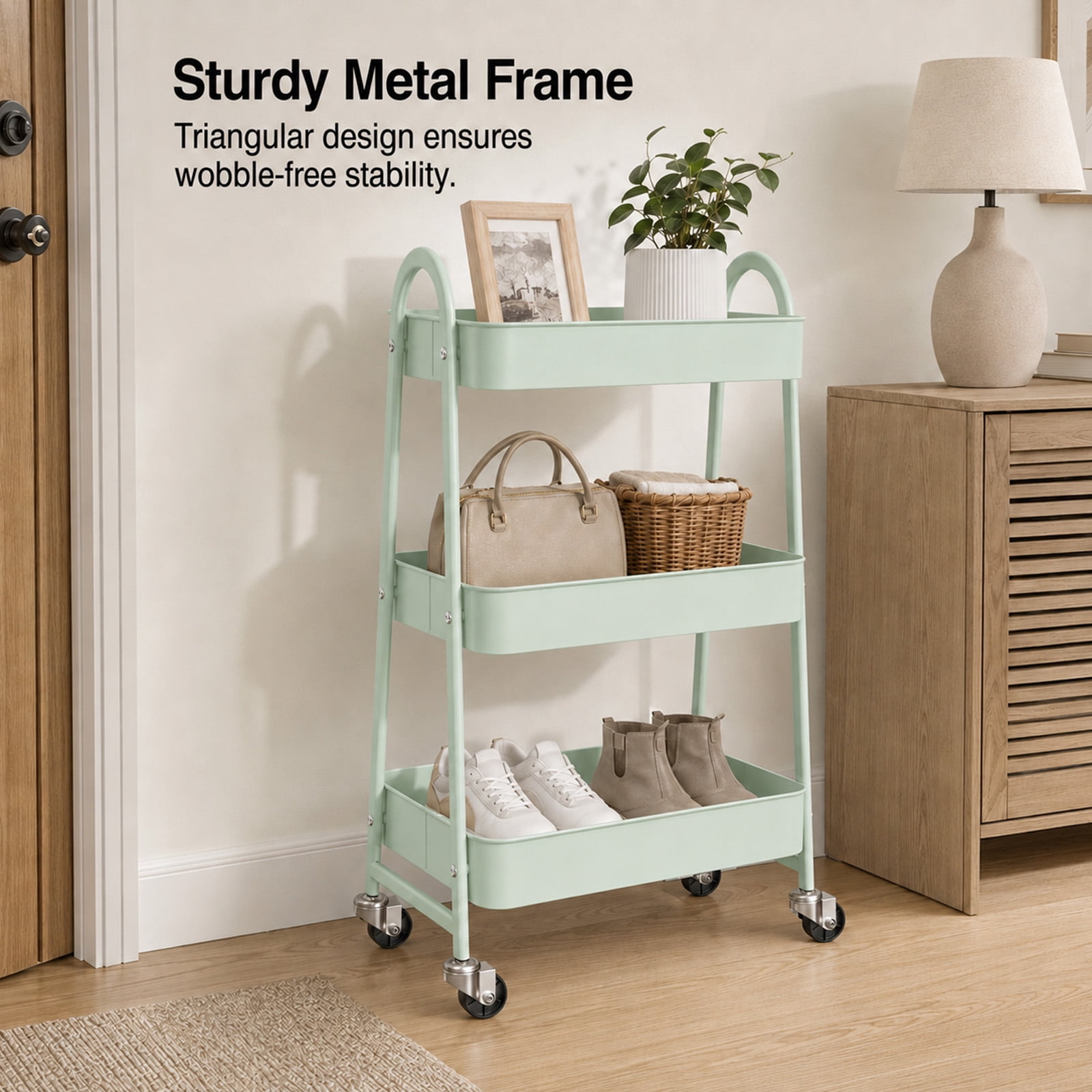 Alvantor 3-Tier Rolling Cart, Metal Rolling Utility Cart with Lockable Wheels, Multi-Functional Heavy Duty Storage Cart Organizer for Bathroom, Kitchen, Living Room, Office