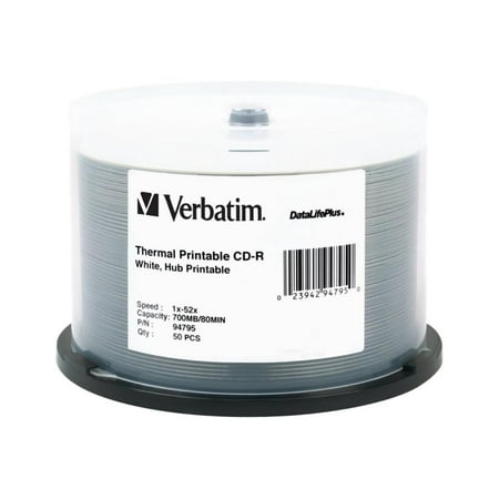 CD-R 700MB 52X DataLifePlus White Thermal Printable, Hub Printable - 50pk Spindle, This surface optimizes thermal printing for superb high-resolution reproduction.., By Verbatim