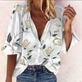 thumbnail image 3 of Women's Button Down Shirts Fashion Floral Printed Nine-minute Sleeve Blouses Stand Collar Loose Long Sleeve Shirt Casual Beach Vacations Top White XL, 3 of 6