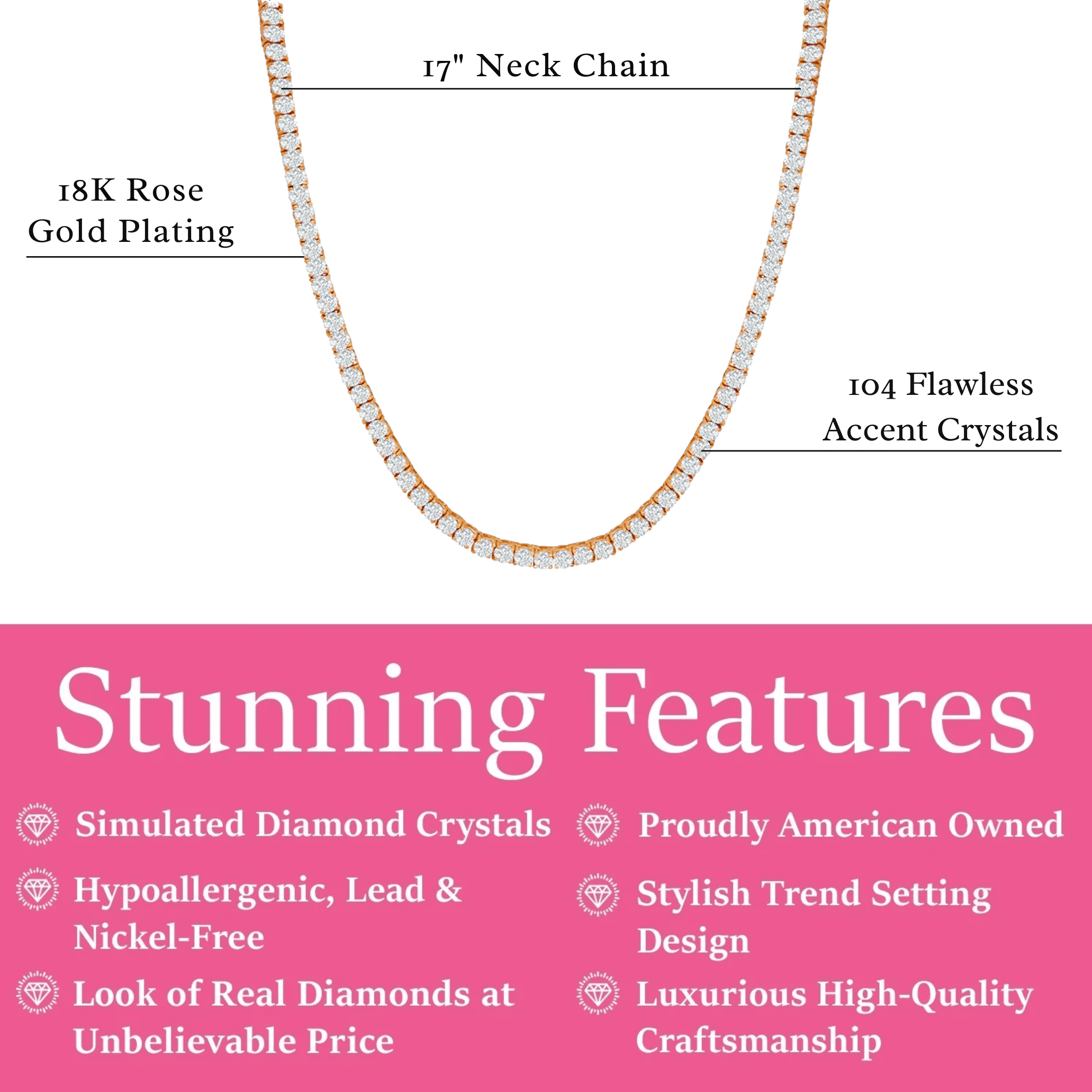 Cate & Chloe Olivia 18k Rose Gold Plated Tennis Necklace with Simulated Diamond Crystals for Women
