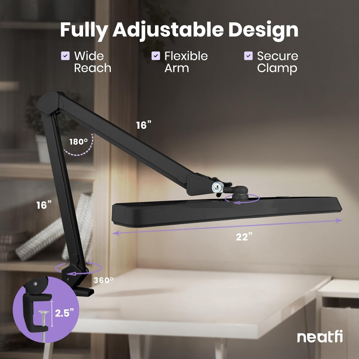 Neatfi LED Task Lamp with Clamp, 2500 Lumens, 22-Inch Wide Head, 5 Light Modes, Adjustable Work Light for Nails, Reading & Crafts, Black