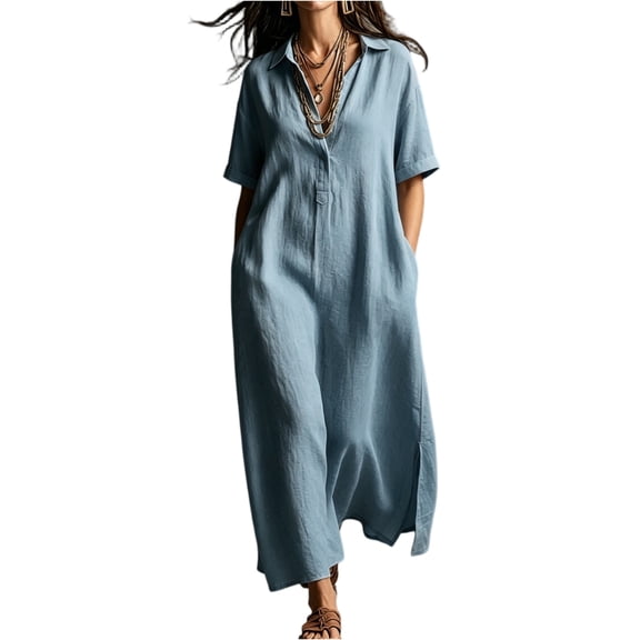 Women's V Neck Maxi Dress, Elegant Collared Boyfriend Tunic Dress, Solid Color Loose Kaftan Lounge Dress for Travel and Office