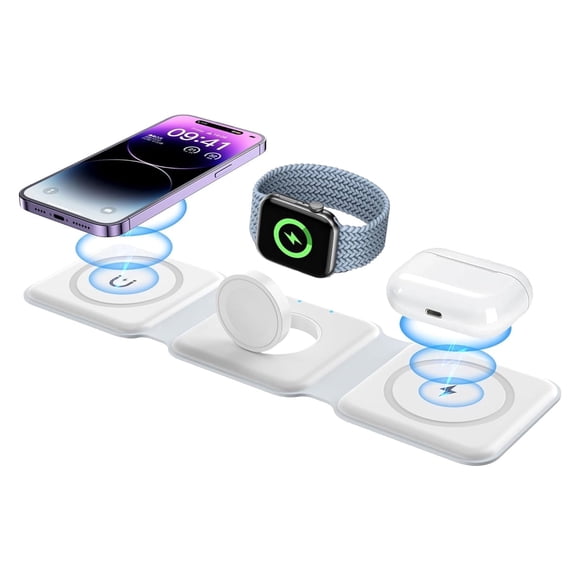 Cargador Inalámbrico 3 en 1 para iPhone, Estación de Carga 3 en 1 Magnética Plegable, Cargador de Viaje para Múltiples Dispositivos para iPhone, Air Pods, iWatch - Blanco
