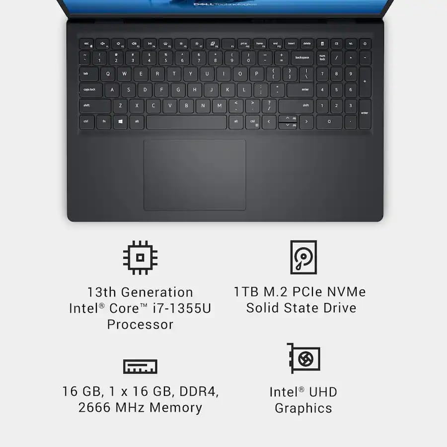 Dell LDC15250 15.6 inch FHD Touchscreen Laptop, Intel Core i7-1355U, 16GB DDR4 RAM, 1TB SSD, Intel UHD Graphics, Copilot AI, Windows 11 Home in S Mode, Carbon Black with Tigology Accessories