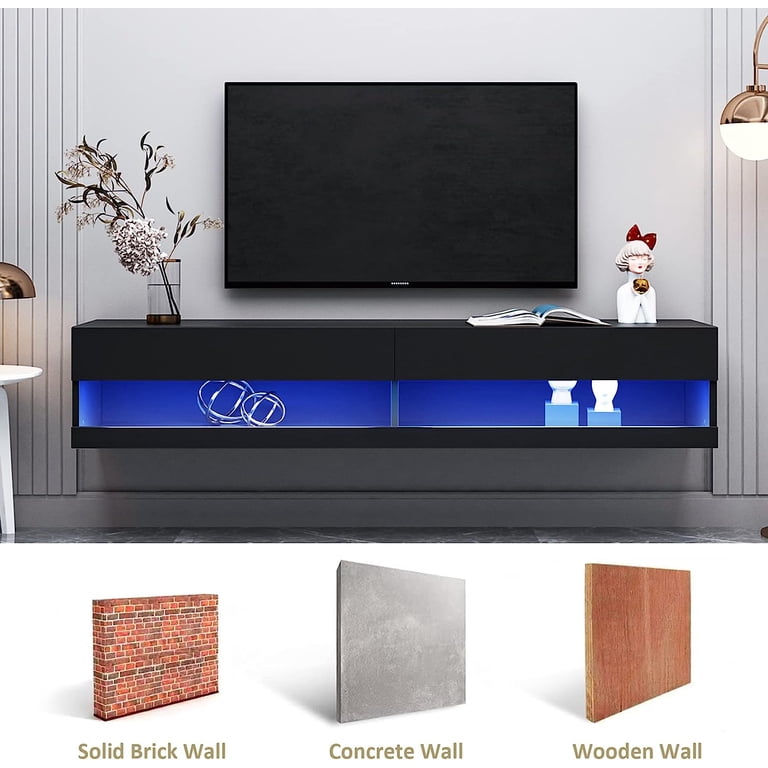 DOPLUSDO LED Floating TV Stand With Storage - RGB Lights, Power Outlet, App Control, Media Console For Up To 80" TV