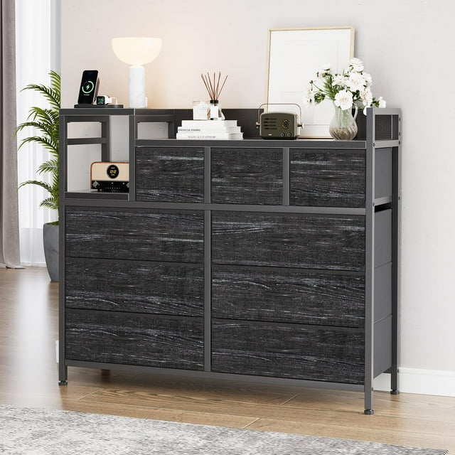 EDTara Commode Moderne en Tissu 39 Pouces Meuble TV, Station de Charge Multifonctionnelle, Commode pour Chambre, Salon, Couloir