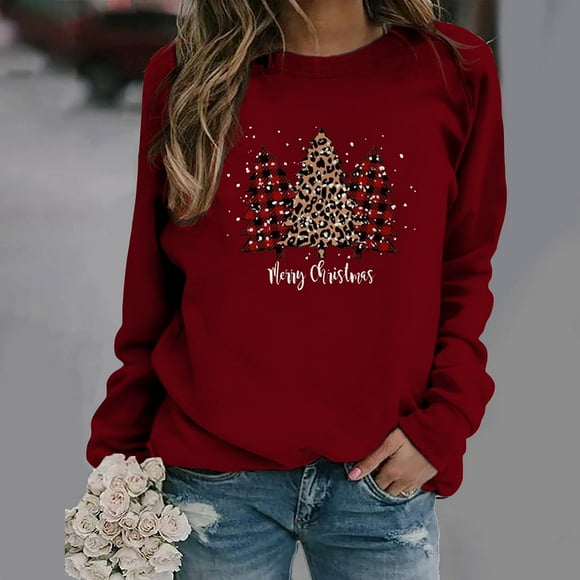 Christmas Costumes on Clearance Christmas Print Round Neck Sweater Loose Blouse Hoodless Sweatshirt Oversized Sweatshirt for Women