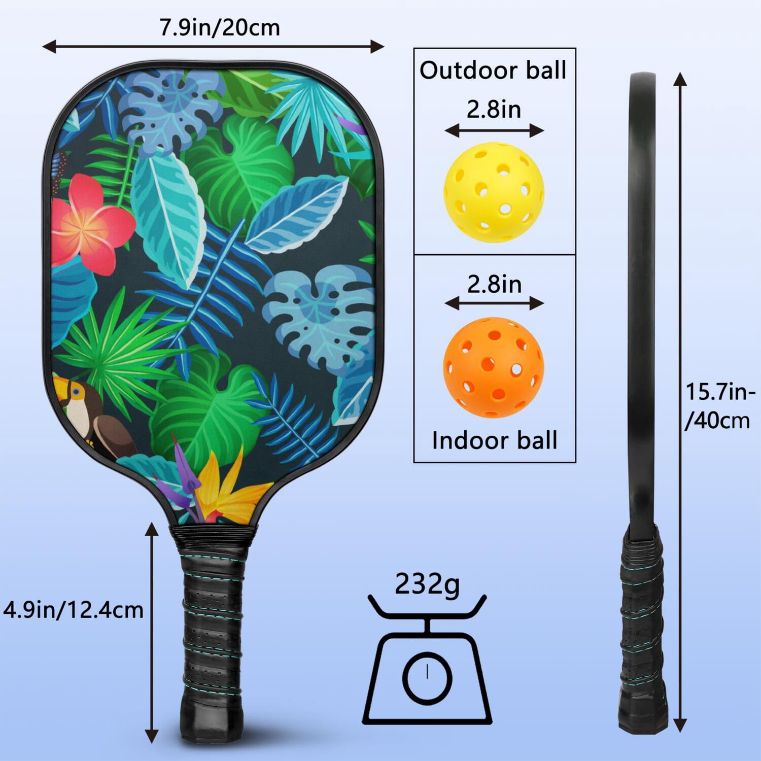 Pickleball Paddles Set Of 1, Fiberglass Surface, Tropical Leaf Print, 1 Paddle, 2 Balls & Bag