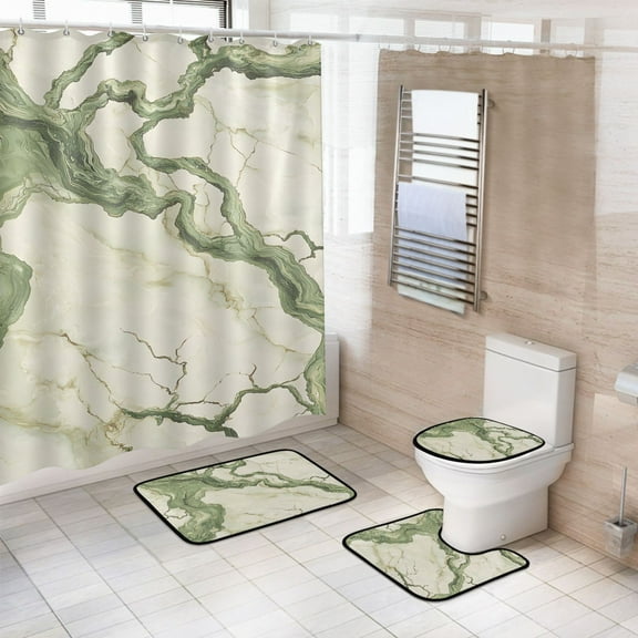 Ryvnso 4 Pcs Marble Green Bathroom Shower Curtain Set with 12 Hooks Bath Mat Toilet Lid Cover