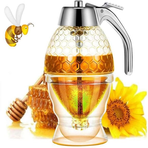 LOVEVER Distributeur de Miel Anti-Goutte - Distributeur de Sirop d'Érable - Beau Pot à Miel en Forme de Peigne - Pot à Miel avec Support Superbe Déco d'Abeille