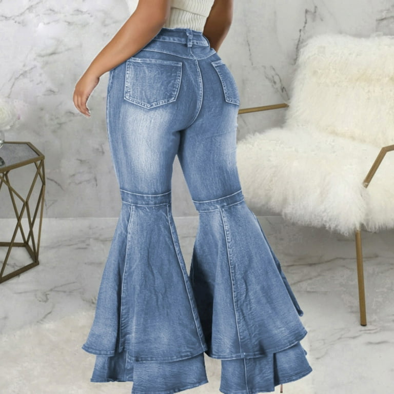 JDEFEG Jean Pants for Women Plus Women's Fashion Classic Retro Bell Bottom Pants High Waist Stretch Fit Long Denim Bell Bottom Jeans Jean Vest Women