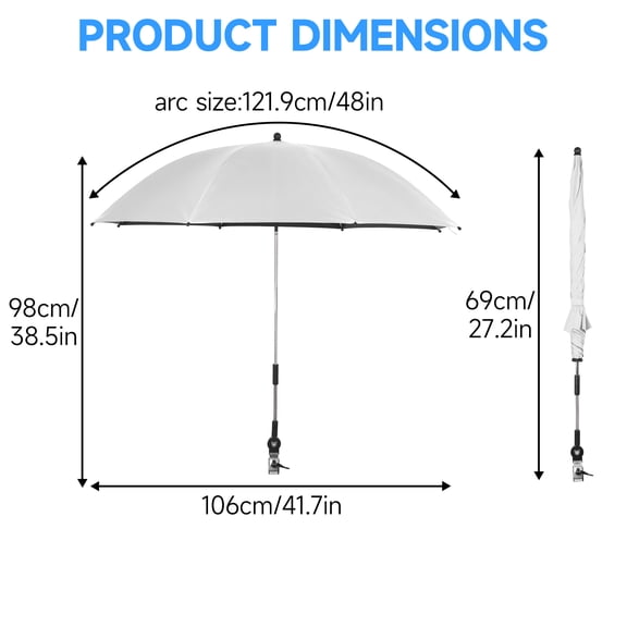 Porfeet 2 Pcs 48 Inch Beach Umbrella with Clamp, 360-degree Adjustable, UPF50 Large Umbrella for Beach Chair, Patio Chair, Wheelchair, Camping Chair, Golf Carts,Silver