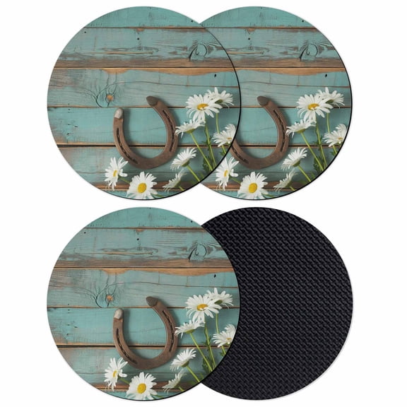 Daisy Flower Coasters Set of 4, Absorbent Coasters for Drinks, Vintage Horseshoes Farmhouse Wooden Grain Teal Coaster for Desk Coffee Table Protection, Home Decor House Warming Gifts 4"