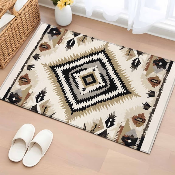 2x3 Ft Entryway Area Rug, Boho Black Brown Kitchen Rug Runner Washable Floor Mat, Vintage Geometric Southwestern Ethnic Non Slip Indoor Door Mat Throw Carpet for Bathroom Living Room Bedroom