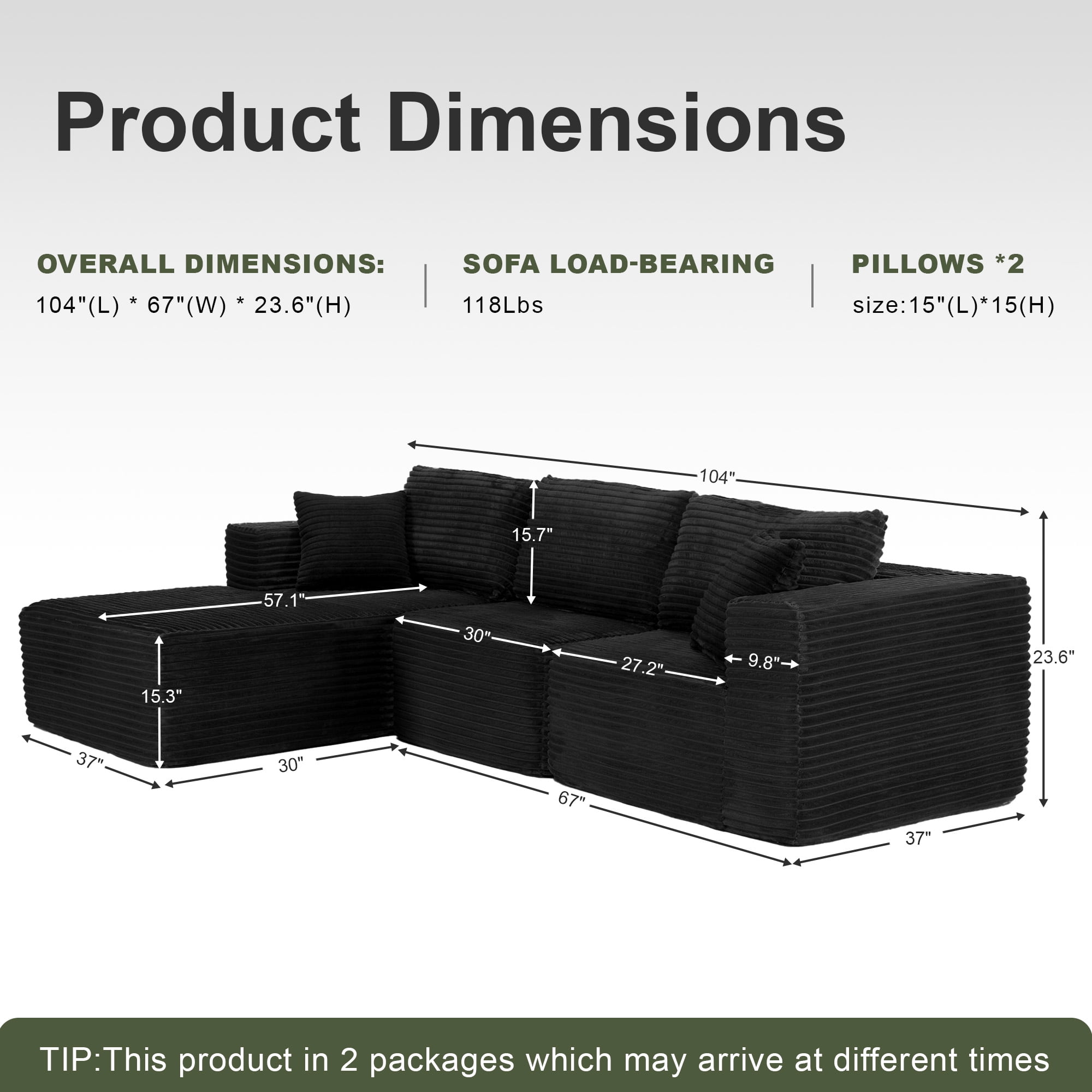 MAYEERTY Modern Corduroy Modular Sectional Sofa - Boneless Couch for Home, 104"W x 67"D Black