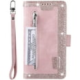 thumbnail image 5 of Wallet Phone Case for Samsung Galaxy S21 FE, Retro Matte 9 Card Holder Slots Zipper Pocket Case PU Leather Magnetic Closure Kickstand with Wrist Strap Shockproof Folio Flip Case - Rose Gold, 5 of 15