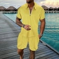 thumbnail image 2 of MNCEKFOD Two Piece Shorts Sets for Men Silm Fit Short Sleeves Zipper V Neck Shirts with Drawstring Shorts Leisure Tracksuit Yellow M, 2 of 7