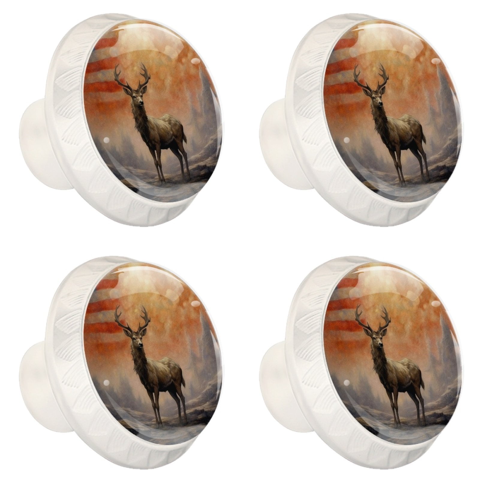 4 Pcs Deer and American Flag Knobs for Kitchen Cabinet Cupboard Dresser Bookcase Drawer Pulls Handles Round Home Decor