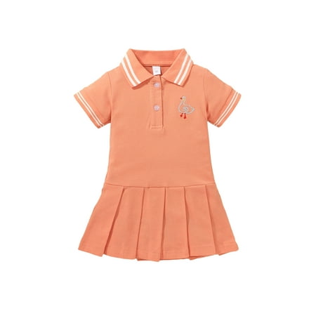 

Girls Duck Embroidery Dress Short Sleeve Lapel Neck Pleated Dress