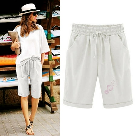 SOOMLON Elastic Waist Shorts Women Bermuda Shorts Knee Length High Waist Sweat Shorts Casual Cotton Jogger Shorts Pockets Summer Shorts Summer Print Shorts Cotton Linen Pants White XXXXXL